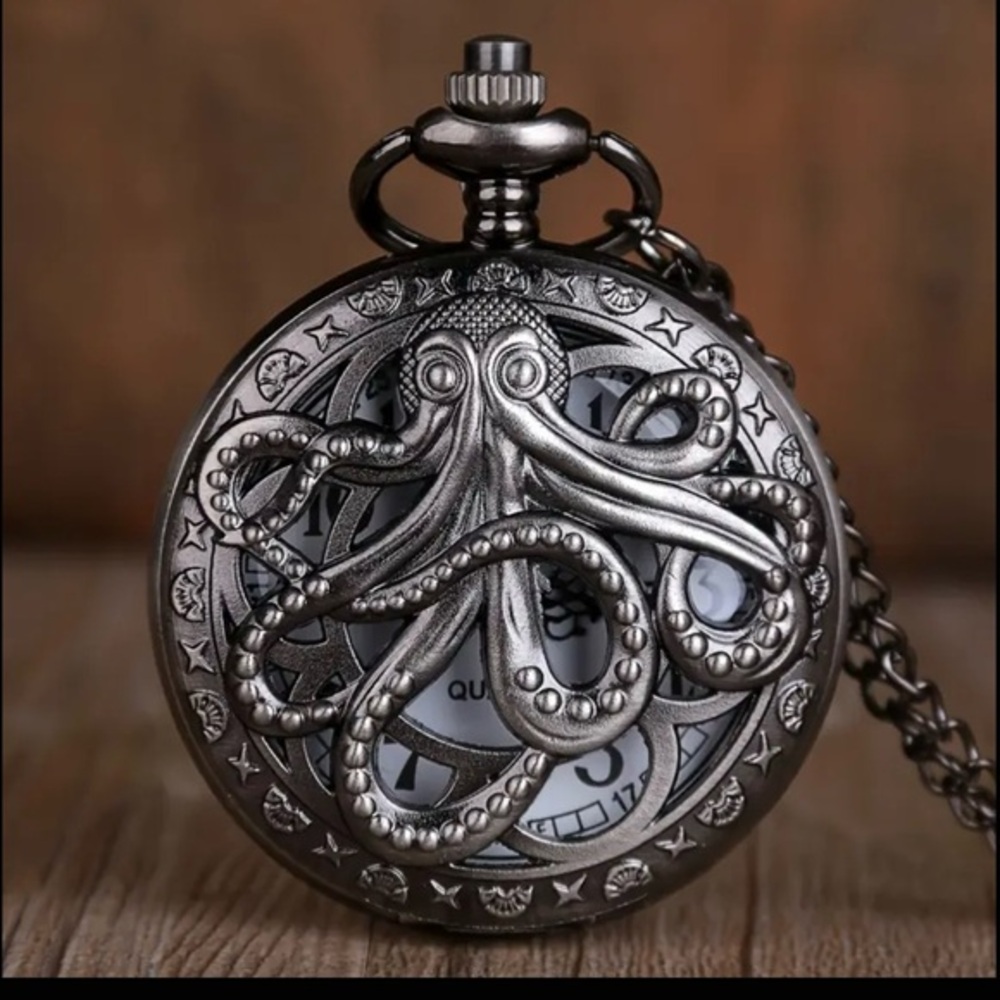 Octopus Vintage Style Black Steel Pocket Watch